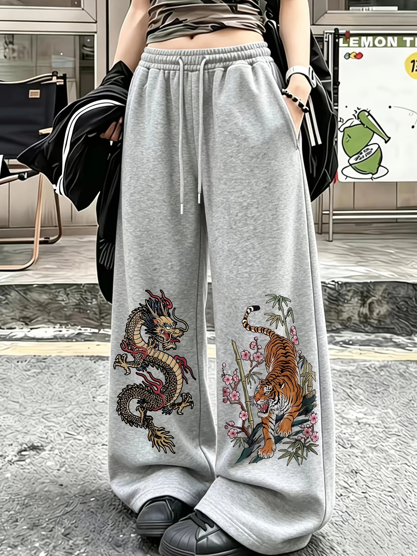 Ladies' casual hip-hop street style personalized street dragon totem and plum blossom print sports sweatpants drawstring pants