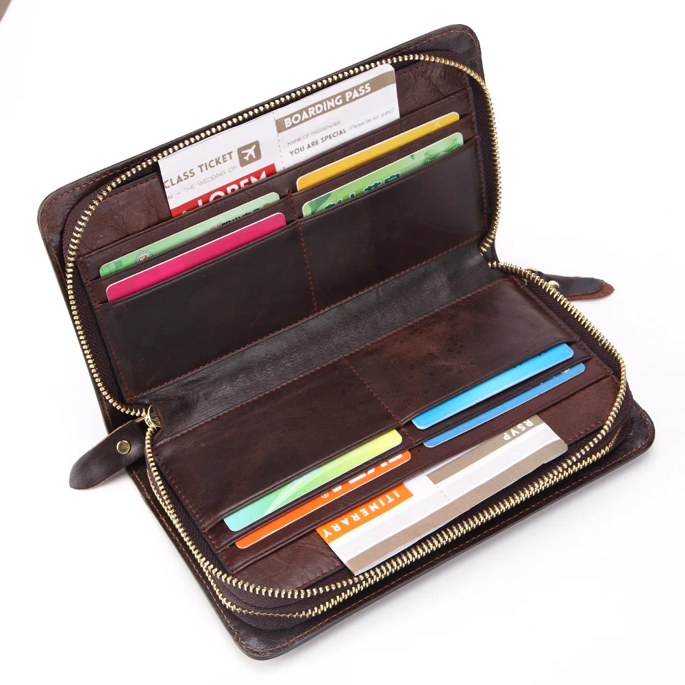 First Layer Leather Simple Commuting Pure Color Long Oil Wax Cowhide Double Zipper Bag Retro Wallet for Men