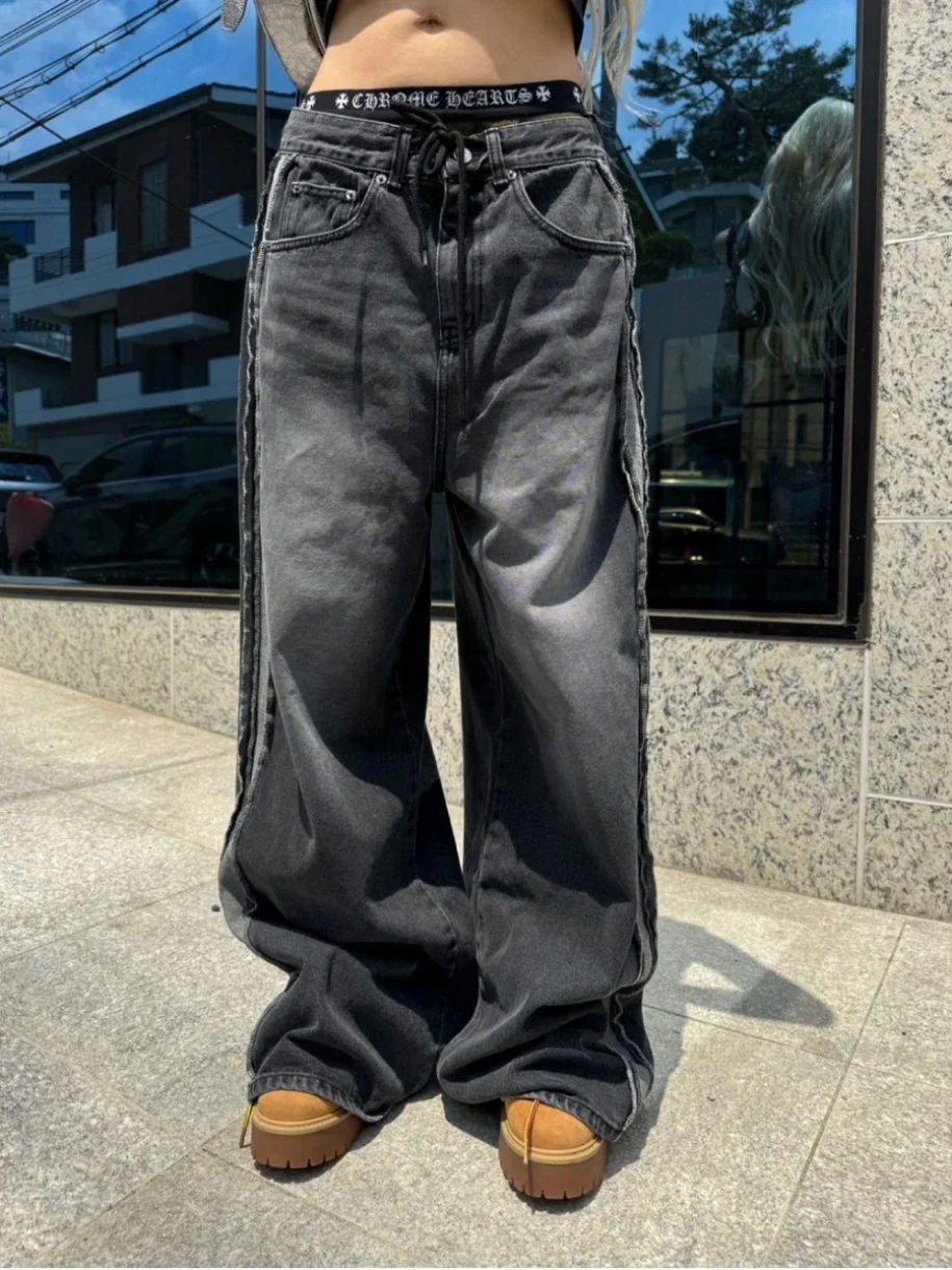 Retro Faded Denim Wide Leg Pants Women's Sweet Cool Versatile Loose Belted Straight Side Strip Floor-Length Trousers