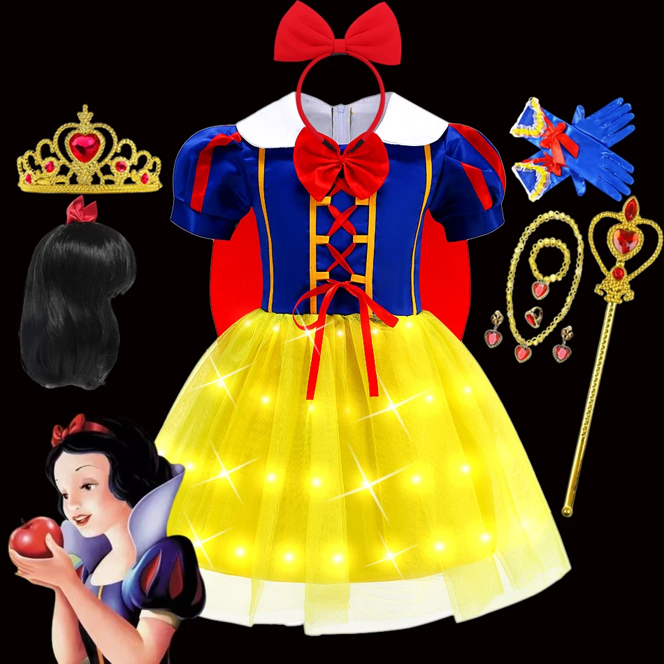

Disney Snow White Princess LED Dress Costume Girls Kid Light Up Dress Party Birthday Halloween Cosplay Vestidos Clothes