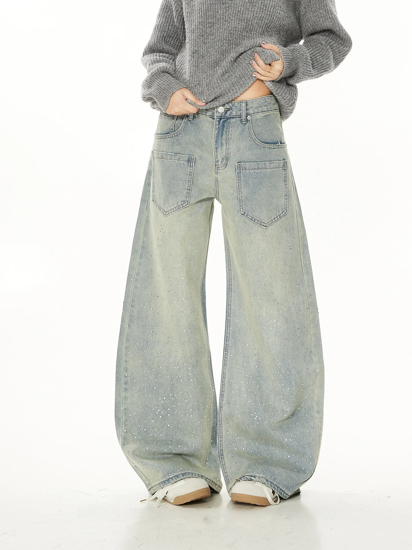

Tianxing Rhinestone Multiple Pocket Denim Jeans Women's 2026 New Exclusive Elegant High-End American Style Wide Leg Pants