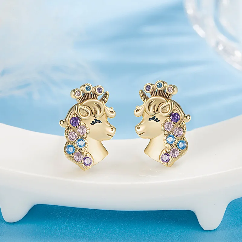 Winoneday 1Pair Cute Crown Unicorn Charms Stud Earrings for Kids Girls Colorful Zircon Ear Stud Child Jewelry Gifts