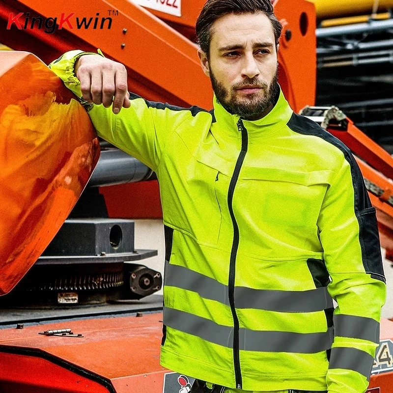 Warehouse Workwear Orange Jacket Working Cargo Pants Men High Visibility work suit with Reflective tapes