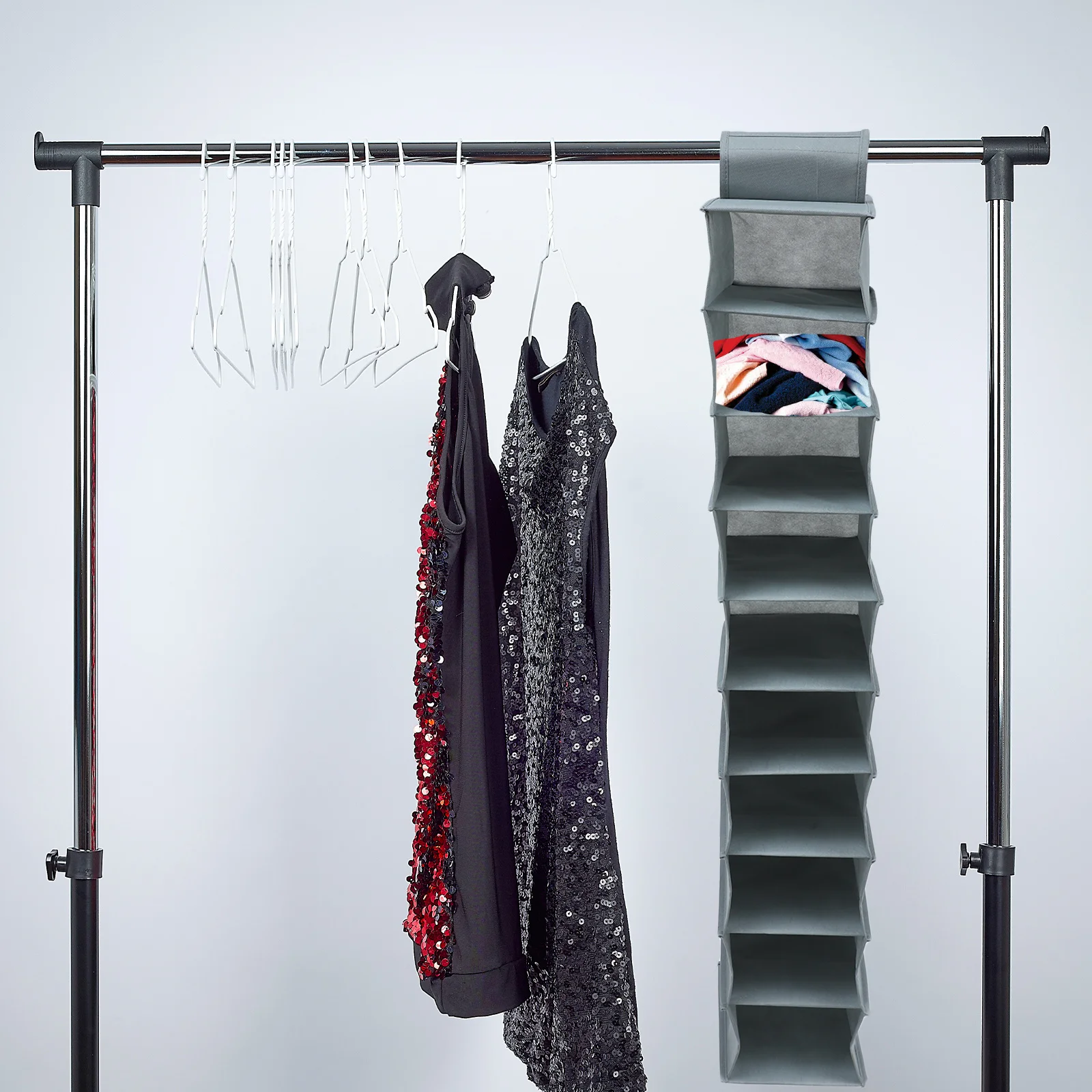 

Multi Hangers Space Saving Clothes Storage Bag Wardrobe Hanging Household Grey Non-woven Fabric Organizer for Bedroom