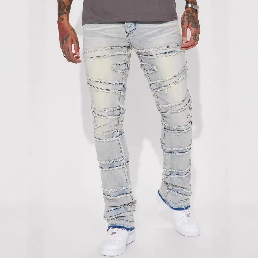 Men's Denim Tooling Straight-leg Pants Fashion Explosion Stretch Patch Denim Laminated Micro-pull Men's Pants