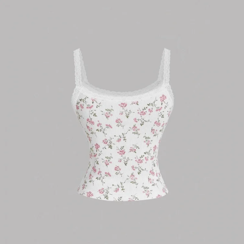 Top estivo da donna con reggicalze slim fit con stampa floreale dolce e finiture in pizzo con decorazione ARCO Top femminile casual senza schienale sexy