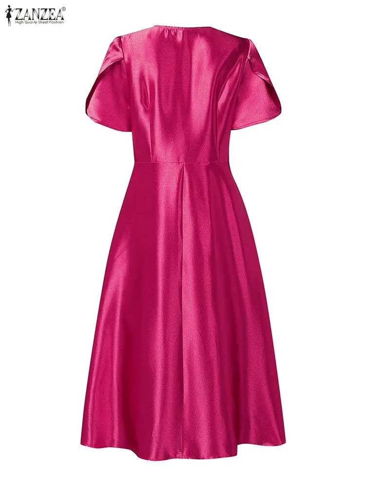 우아한 파티 드레스 ZANZEA 여성 드레스 2025 스퀘어 넥 페탈 슬리브 새틴 선드레스 허리 라인 스타일리시 솔리드 OL 워크 베스티도