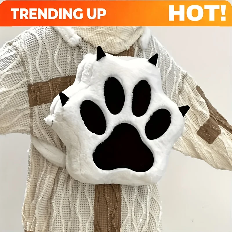 Y2K Cartoon Puppy Paw Plush Large-Capacity Shoulder And Crossbody Bag, Zipper Closure Design, Fashionable Faux Fur Leather Backp