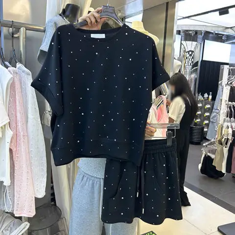 Camiseta de manga corta para mujer, Jersey holgado de talla grande, cintura alta, con cordones, falda con incrustaciones de diamantes, traje de dos piezas