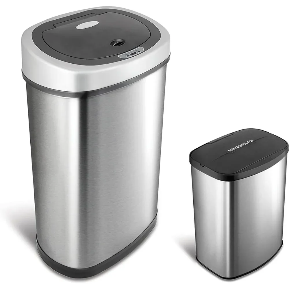 13 Gal 50L & 2 Gal 8L Wastebasket Stainless Steel Base (Oval & Rectangular Bin Silver/Black Lid) Freight Free Household Cleaning