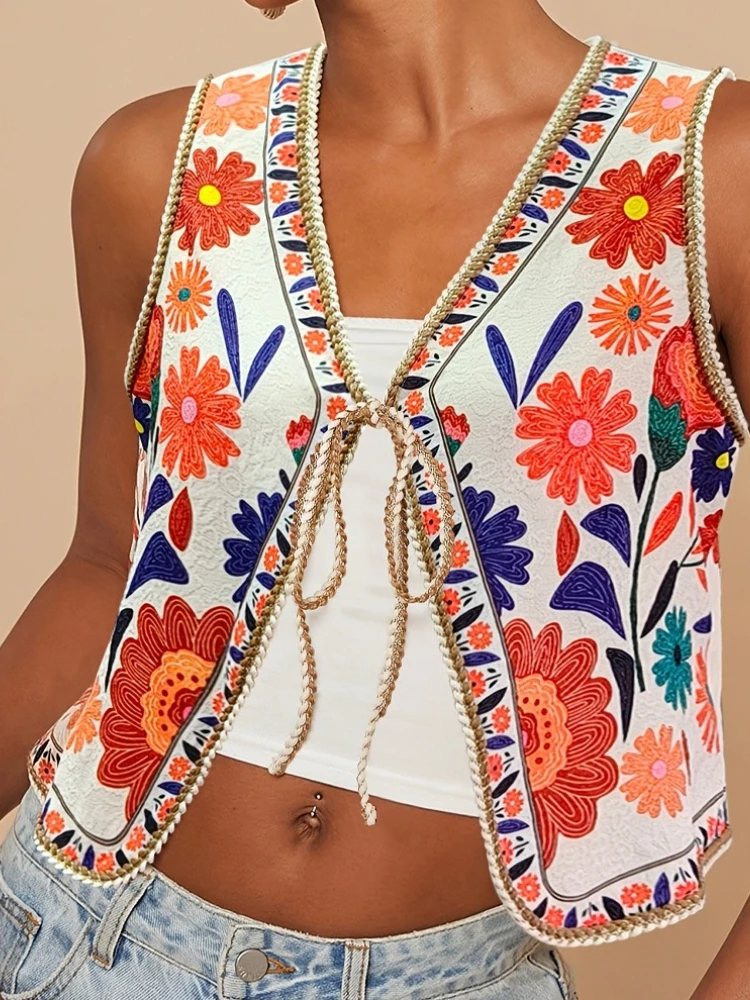 

2025 New Bohemian Floral Print Vest Open Stitch Summer Casual T-shirt Women Sleeveless Vests Crochet Beach Holiday Coats Tops