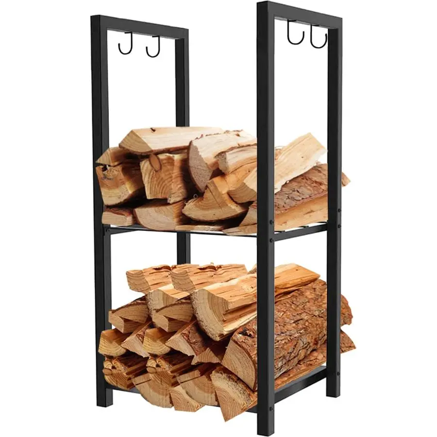 

2 Tiers Small Firewood Log Storage Rack Holder for Indoor Fireplace or Outdoor Patio, Black
