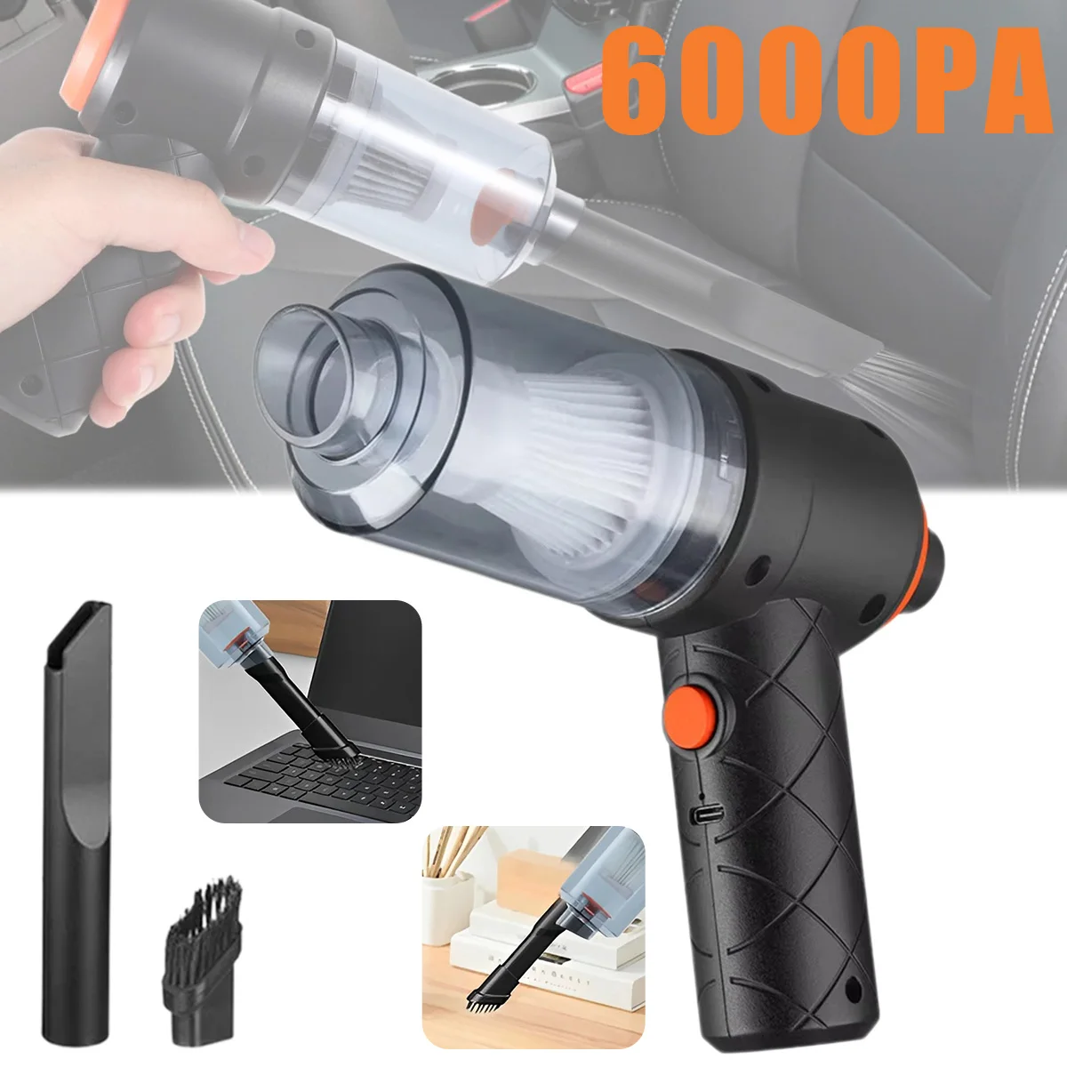 

Портативный беспроводной автомобильный пылесос 6000PA Ручной автоматический пылесос Многоцелевой пылесос для дома, автомобиля, офиса, клавиатуры