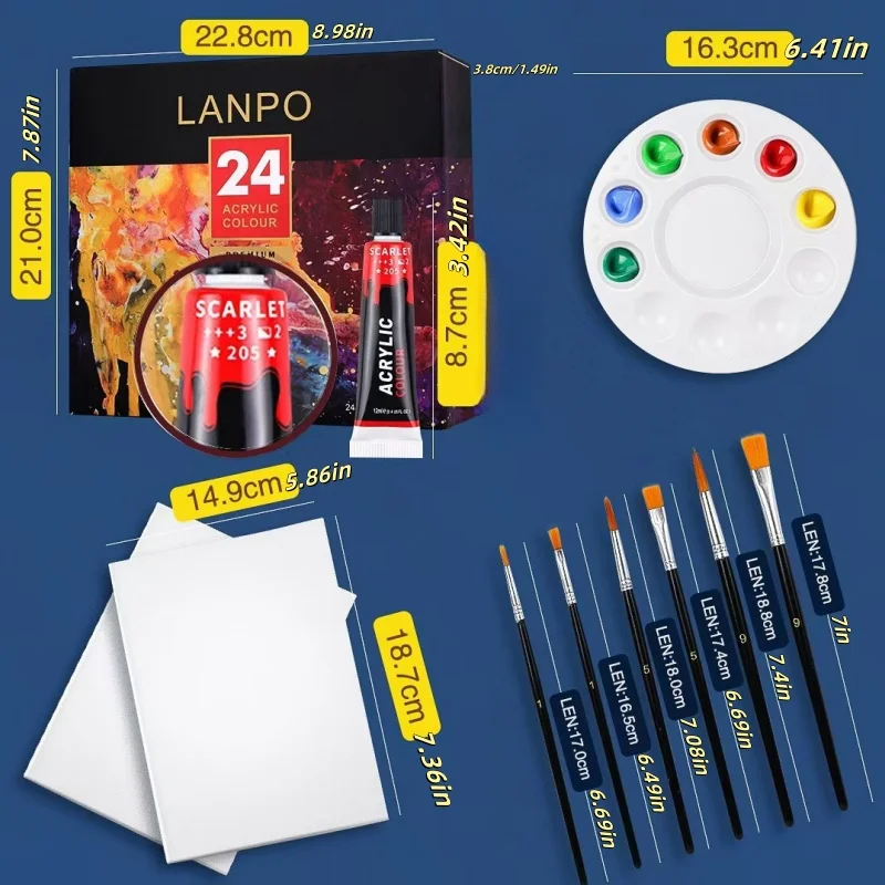 24 Color Acrylic Paint Set with Palette & Brushes, 12ml Tubes Waterproof Art Supplies for Painting Canvas & Wood Crafts