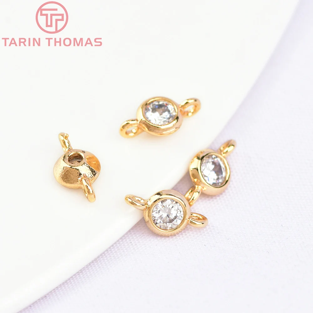 (2446)6PCS 4x8MM 24K  Gold Color Plated Brass 2 holes with Zircon Connect Charms High Quality Diy Jewelry Accessories