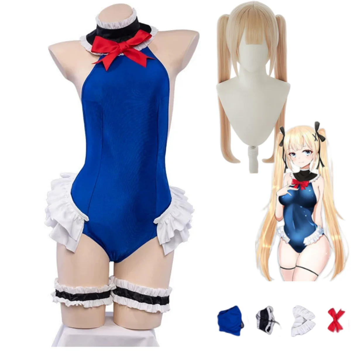

Game Azur Lane Marie Rose Cosplay Costume Summer Day Sexy Blue Jumpsuits Swimsuit Wig Woman Cute Beach Party Bikini Suit
