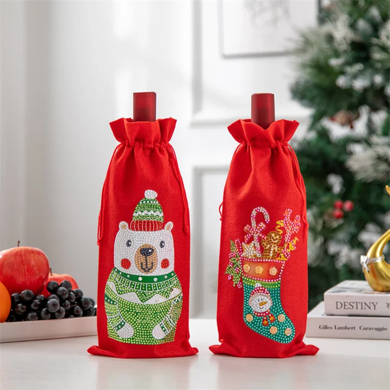 Cubierta de botella de vino de Navidad con pintura de diamantes, taladro de forma especial, Kits de Feliz Navidad DIY, bolsa con cordón de decoración navideña