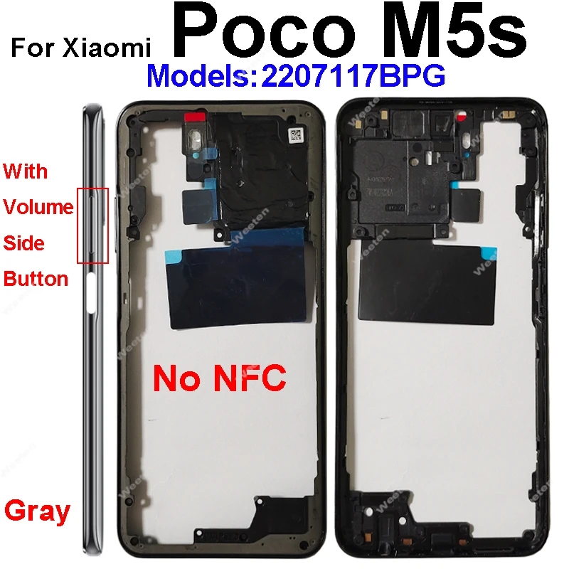 Middle Housing For Xiaomi Poco M5s With NFC Back Cover Housing Front Frame Chassis with Volume Buttons Replacement Repair Parts