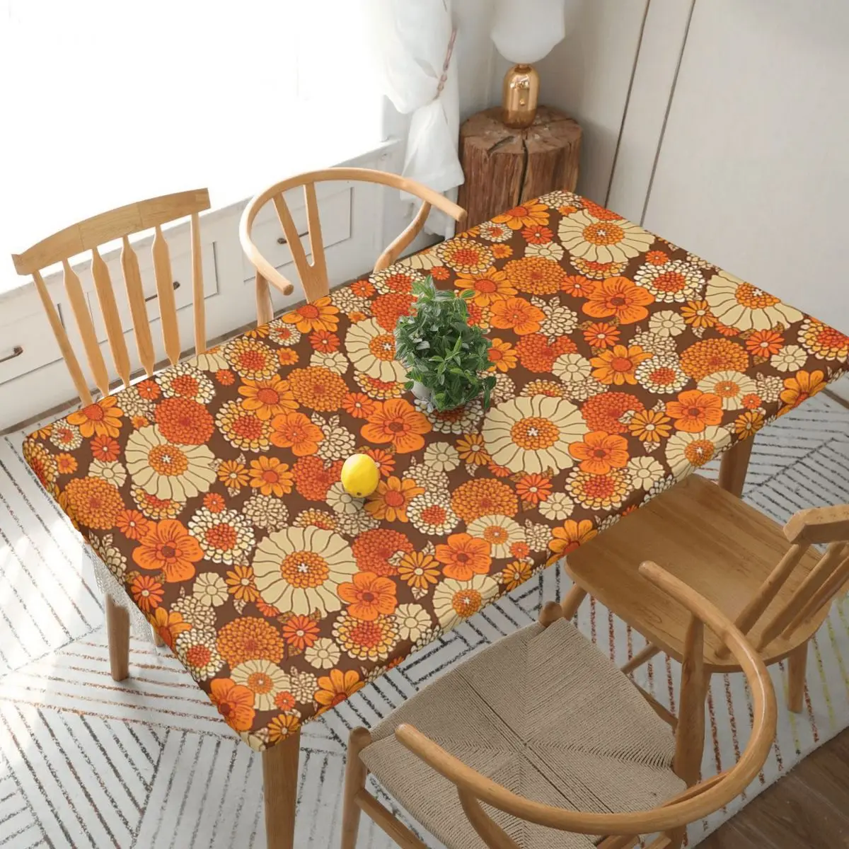 Daisies Flower Power Orange And Brown Boho Custom Rectangular Tablecloth Waterproof Table Cover for Dining Events Table Cloth