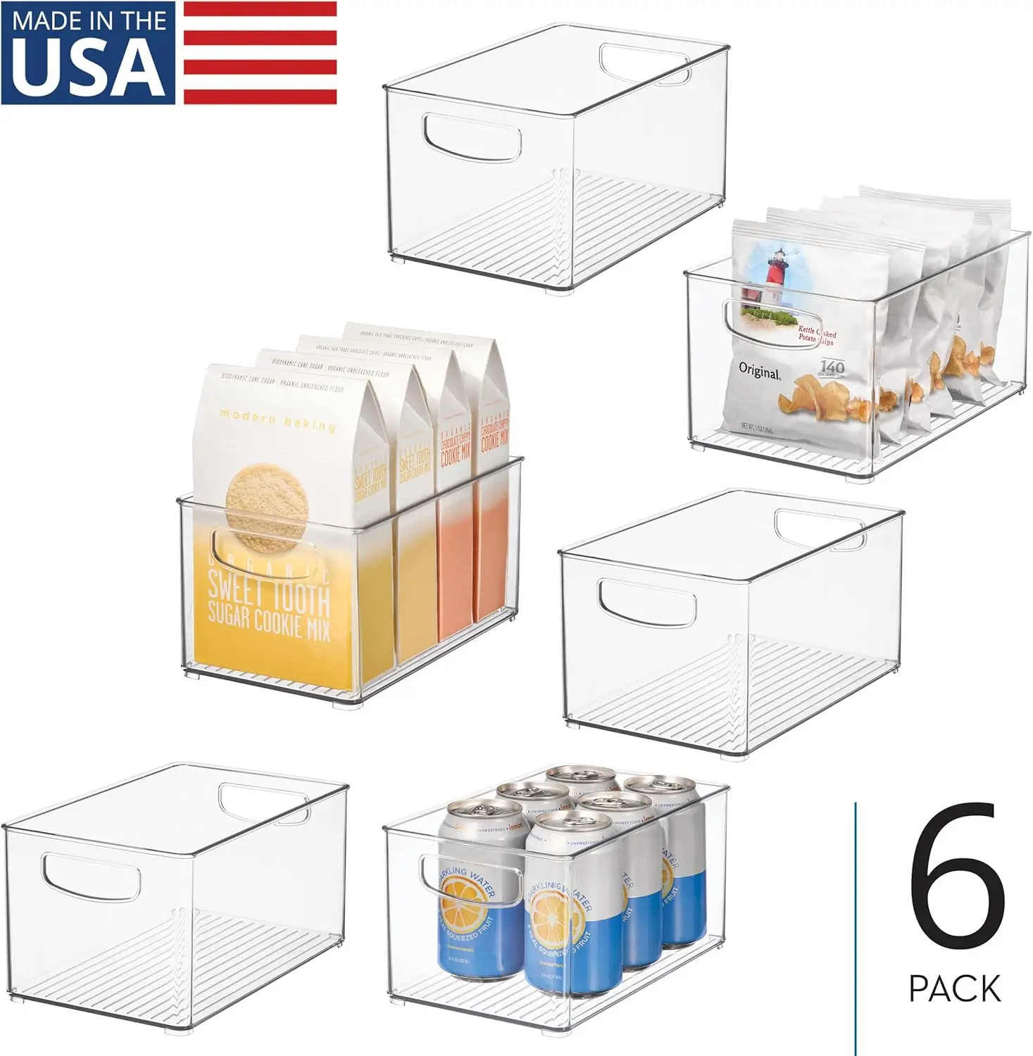 Stackable Clear Plastic Storage Bins, 6-Pack for Kitchen Pantry Fridge Organizer