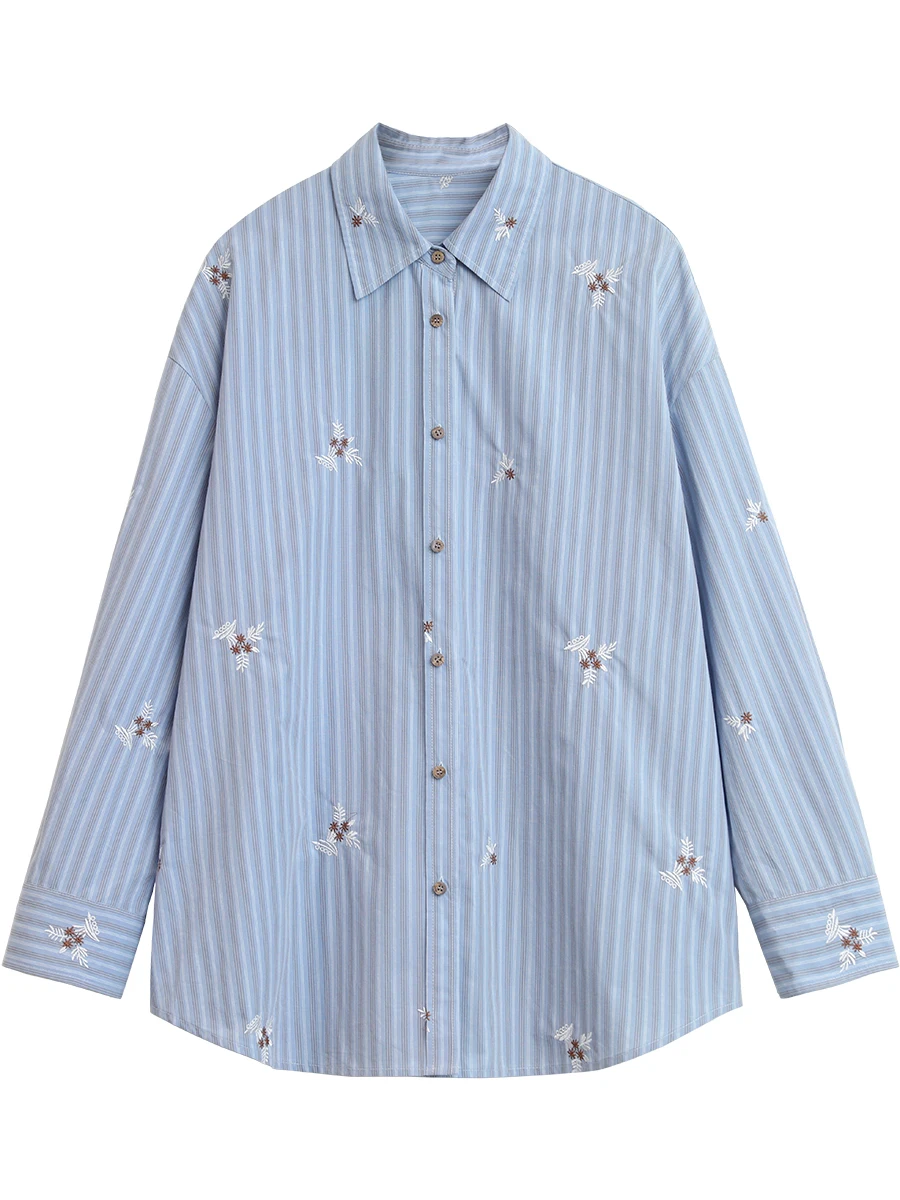 شيك فين المرأة قميص فضفاض عادية كم طويل جديد مخطط المطرزة القطن قميص الإناث البلوزات ربيع الخريف 2025 الملابس