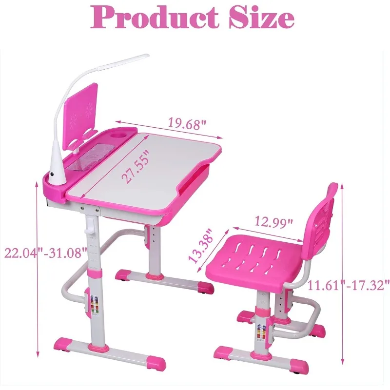 مجموعة مكتب وكرسي بارتفاع قابل للتعديل للأطفال ، طاولات كتابة للدراسة ، سطح مكتب قابل للإمالة ، مصباح ليد ، درج تخزين ، أطفال