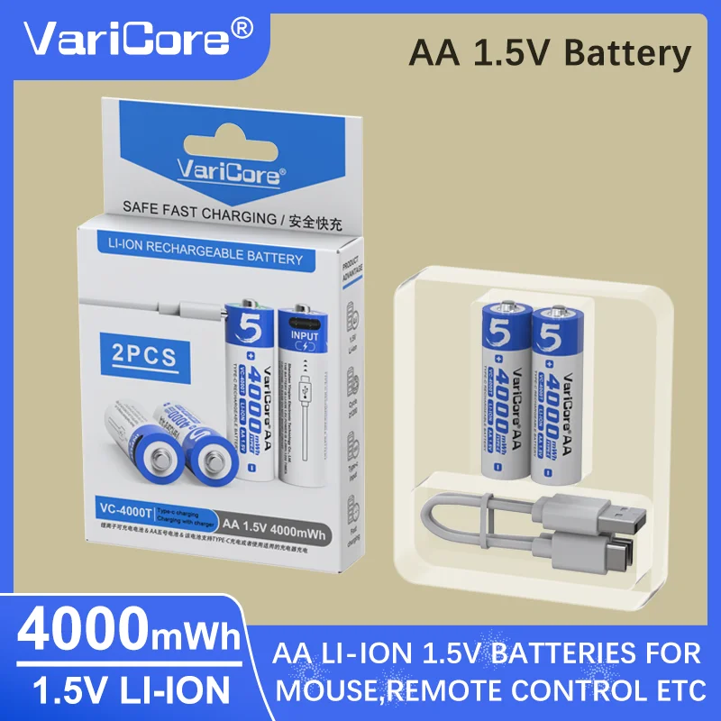 

VariCore 1.5V AA 4000mWh USB Rechargeable Lithium Battery with LED Indicator, Constant Voltage for Camera/Toys/Flashlight