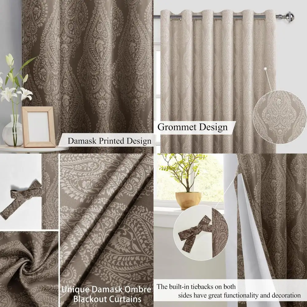 

Ombre Damask Thermal Insulated Grommet Curtains, 70x84, Set of 2 for Bedroom