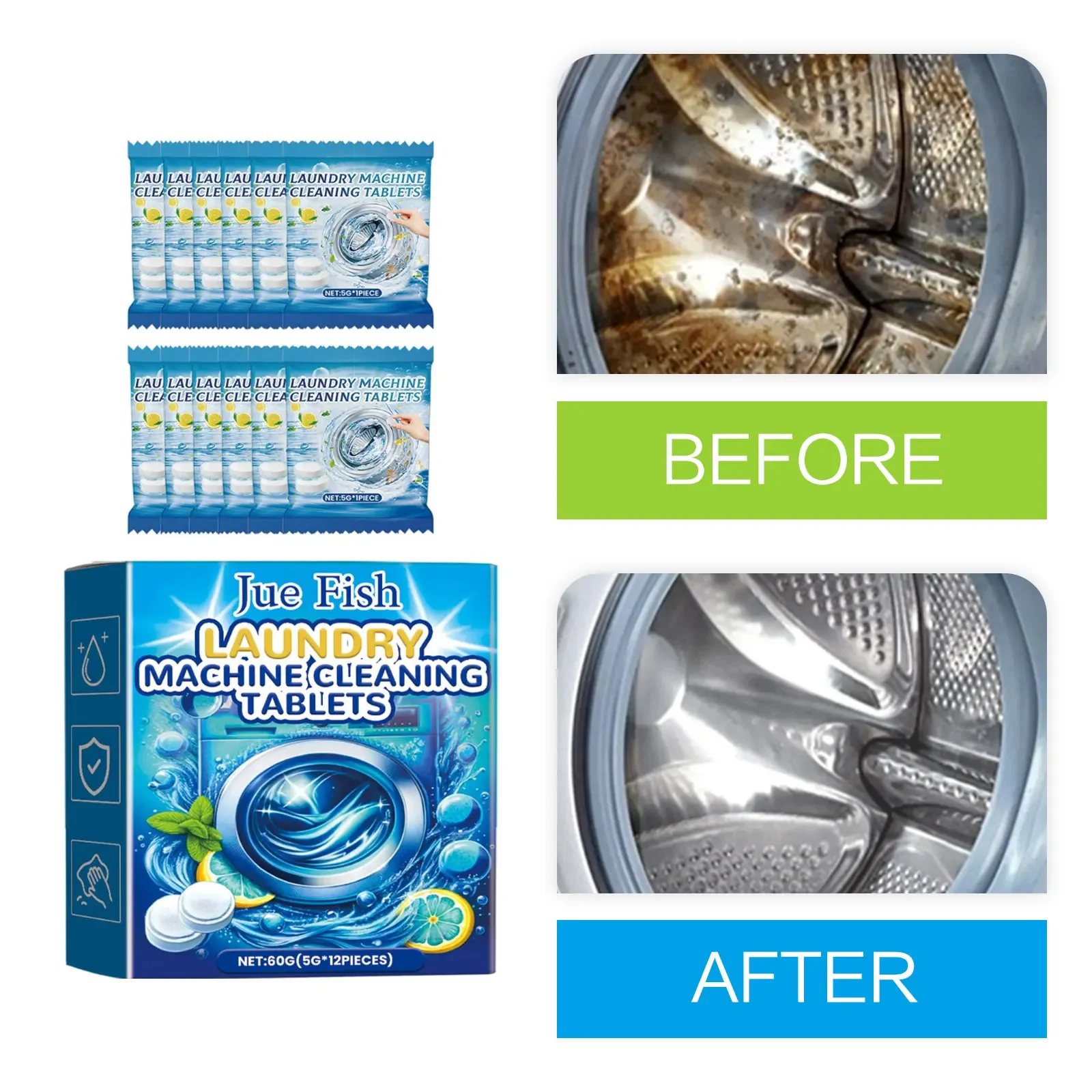 Limpiador de lavadora, lavadora de tabletas, tanque de limpieza profunda, máquina de descalcificación efervescente, eliminación de olores, agente de limpieza de lavadora