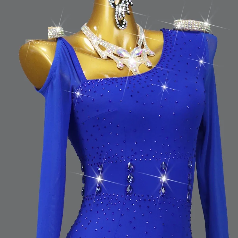 Nieuwe Blauwe Vrouwen Ballroom Latin Dance Dress Girl Line Kleding Dancewear Party Suit Sexy Rok Wedstrijd Kostuum Podium Prom Samba