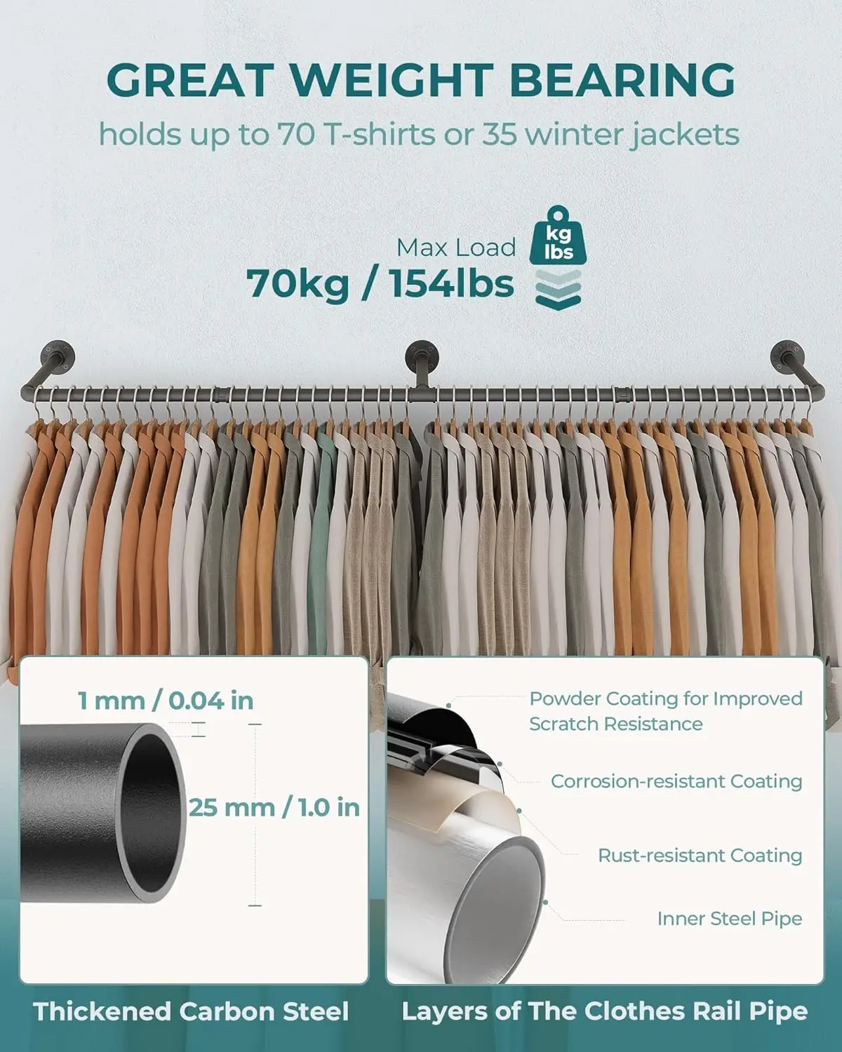 Clothes Rack, 65.7" Clothing Rack 2 Pack, Wall Mounted Heavy Duty Space Saving Garment Rack for Closet Storage, Black, 3 Base