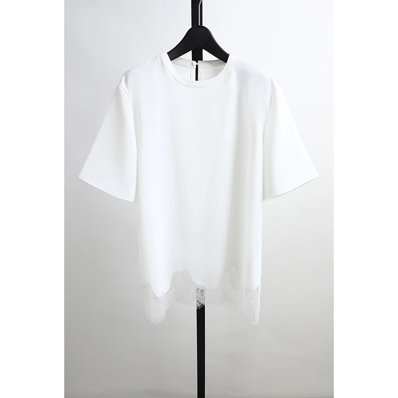Camisa de Manga Corta con Cuello Redondo y Parches de Encaje Marca MONT, Ropa de Mujer, Nueva Colección de Verano, Suave, Cómoda y Transpirable, Poliéster