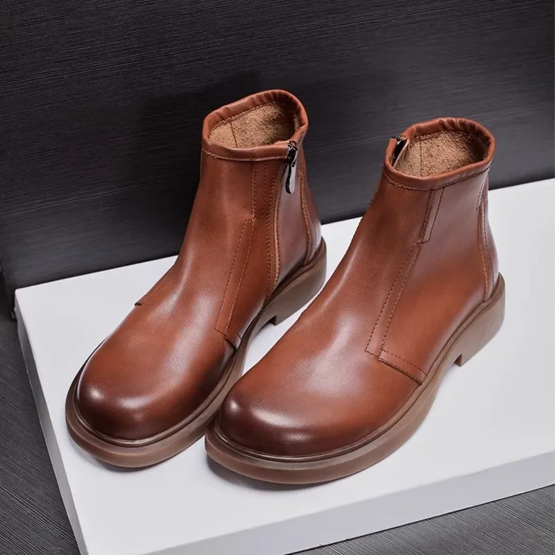 All-match Cowhide  Men's Genuine Leather High-Top Boots Casual Shoes Male Riding Boots British Men Snow Boots New Autumn Winter