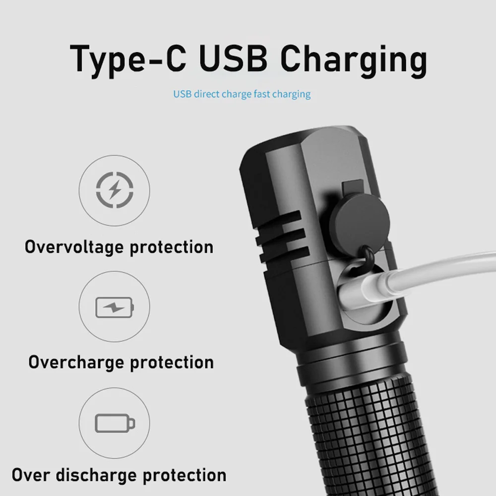 8000LM Mini XHP50 LED Flashlight Zoomable USB-C Rechargeable Torch Powerful EDC Pocket Light Waterproof 3 Modes Hand Lamp