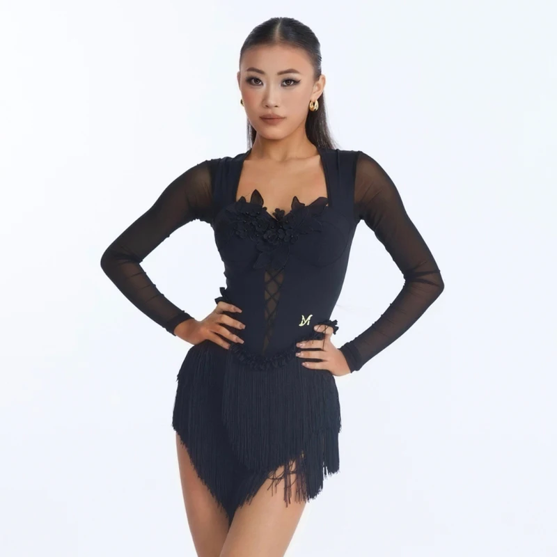 Mulheres mangas de malha dança latina vestido franjas adultos desempenho roupas de dança senhoras chacha samba dança latina sl14320