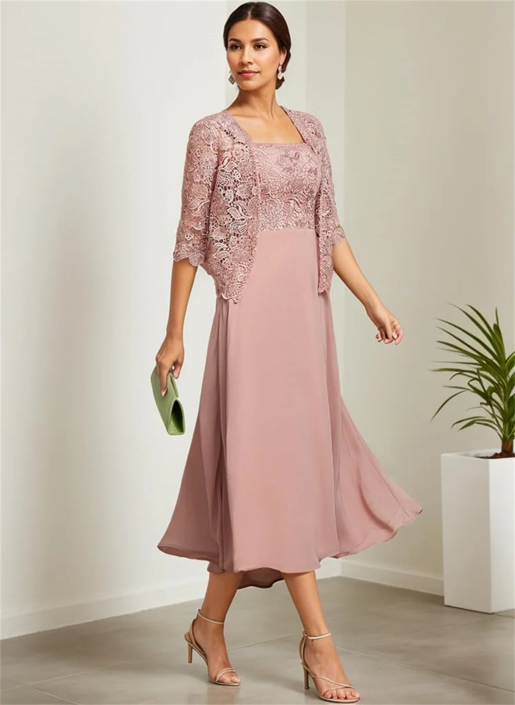 Vestidos personalizados para madre de la novia, 2 piezas, Apliques de encaje, longitud del té, línea A, vestidos de noche formales con chaqueta