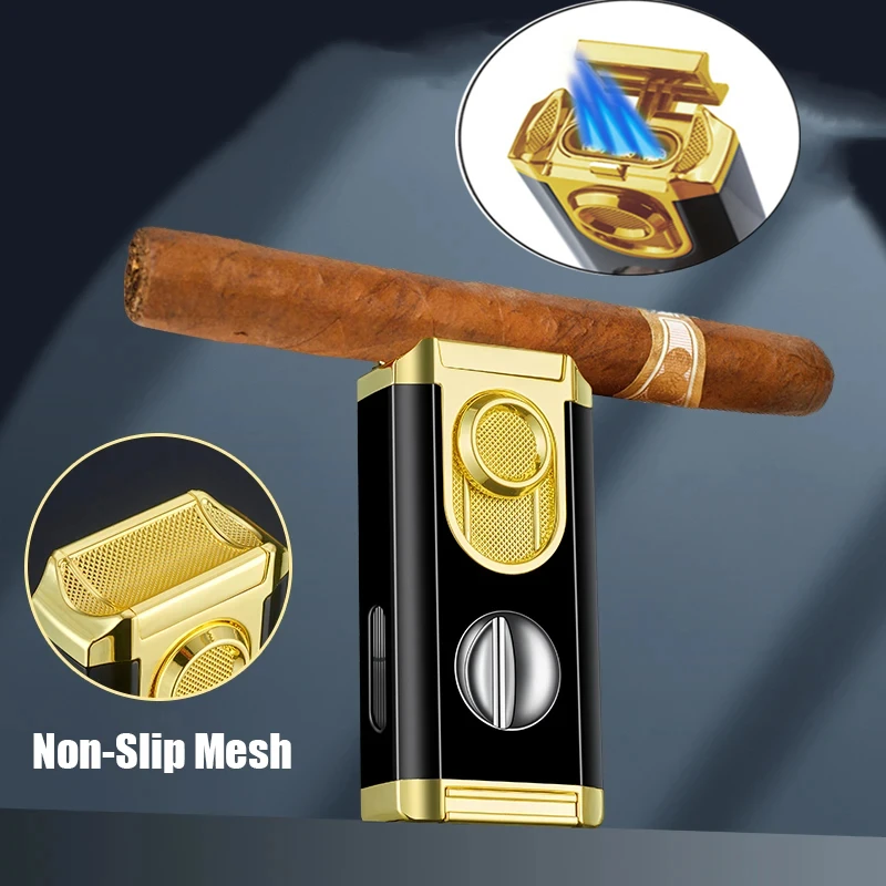 

Metal Three Flame Cigar Lighter Multi functional Cigar Clip Design with Visible Air Chamber V-shaped Cigar Cutter Lighter