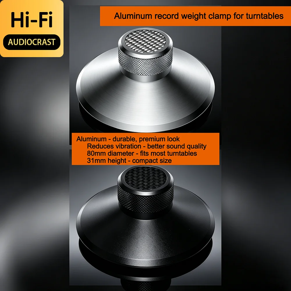 HIFI Schwarz-Silber Schallplatten-Gewichtsklammer aus Aluminium für LP-Vinyl-Plattenspieler und CD-Player, Disc-Stabilisator, 80mm Durchmesser, 31mm Höhe