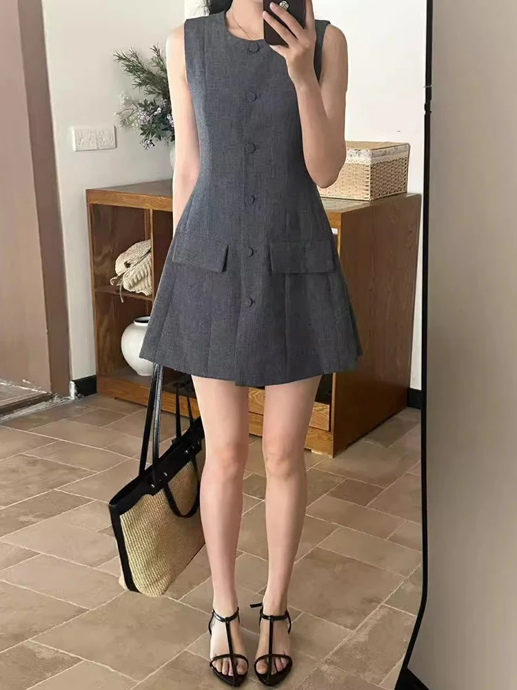 Liangliang Home Small Fraance Sle Single Button Svel Vest Dr Women Summer New Waist Cinching A-Line ort Skirt