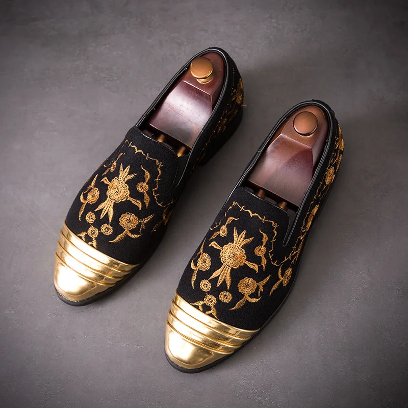 New Fashion Gold Top and Metal Toe Men Velvet Dress shoes italian mens dress shoes Handmade Loafers Party Flats Zapatos