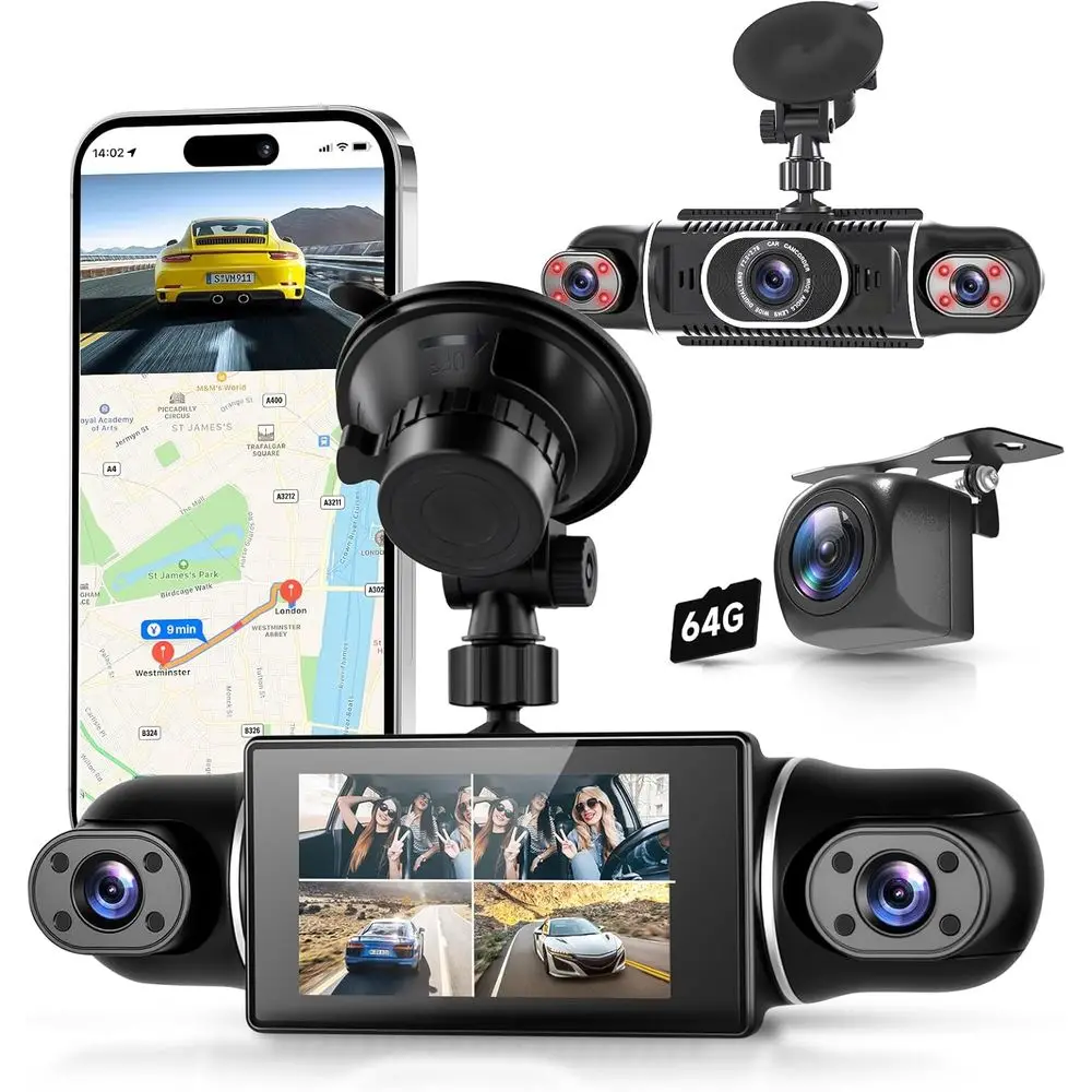 

4-канальный автомобильный видеорегистратор 2K+1080P HD с картой памяти 64 ГБ, Wi-Fi и управлением через приложение, 8 ИК-датчиков ночного видения, G-сенсор, круглосуточный мониторинг парковки