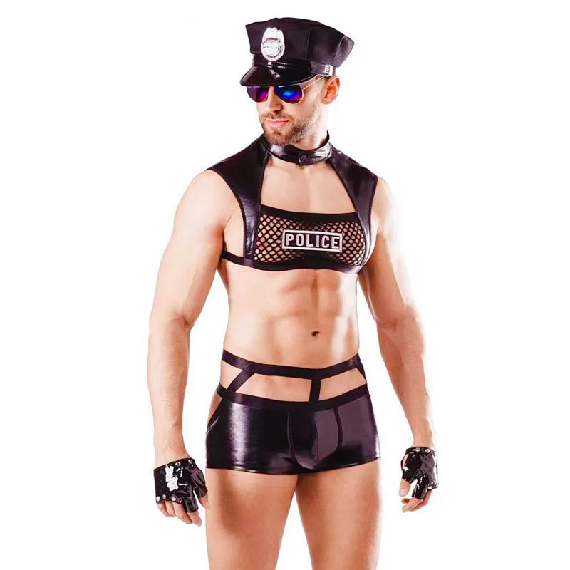 Men Sexy Police Cosplay Costume Male Cop Black Sexy Lingerie Hot Erotic Uniform Police Officer Role Play Nightclub Party Wear