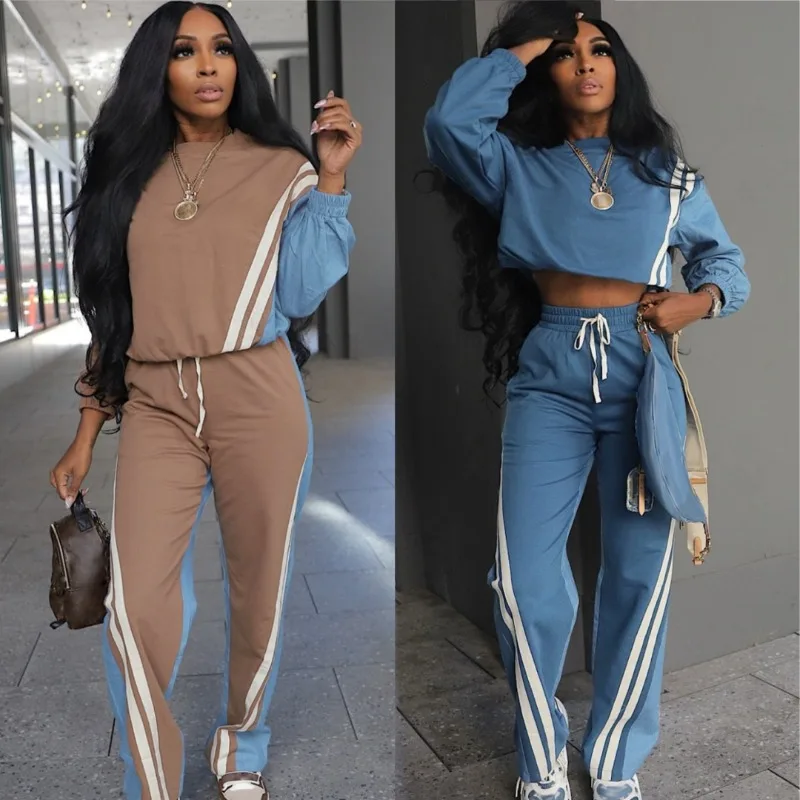 

FAGADOER Autumn New Fashion Stripe Patchwork 2 Piece Sets Woman Outfit Color Block Long Sleeves Crop Top and Pants Sportswear