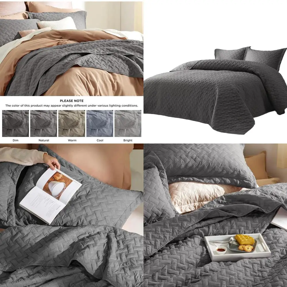 

Lightweight Grey Basket Weave Quilt Coverlet, California King Size Bedspread, All-Season Soft Comforter (111x106)