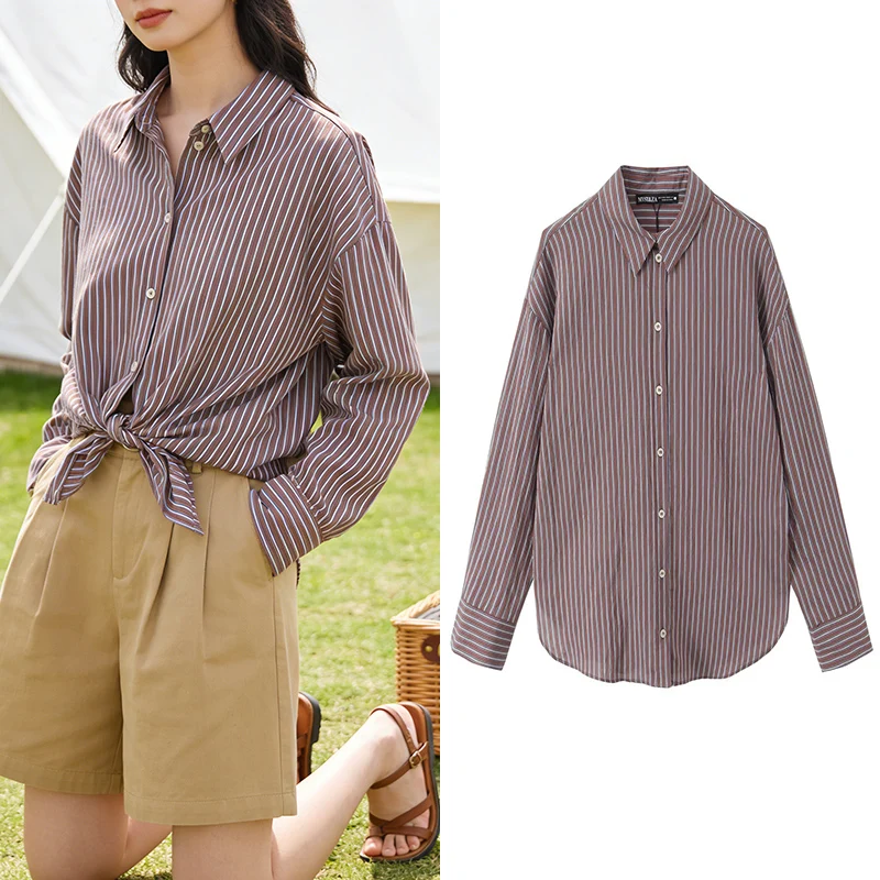 

Burgundy White Striped Long Sleeve Shirt Women Button Down Oversized Casual Daily Office Blouse