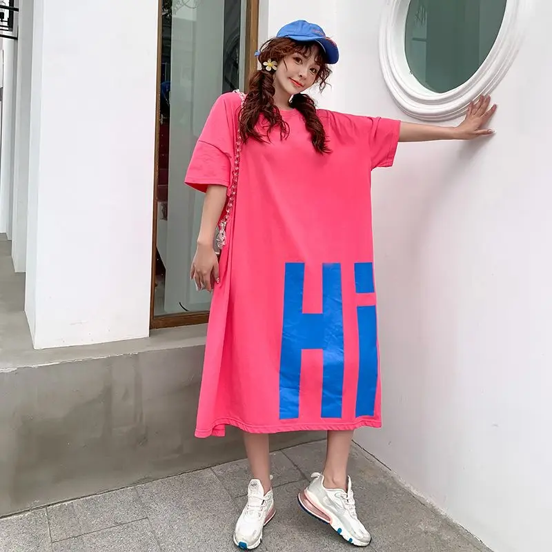 Dresses 2024 New Female Oversized Letter Tshirt Dress Summer Korean Loose O-neck Short Sleeve Pullover Casual Dresses Women\'s