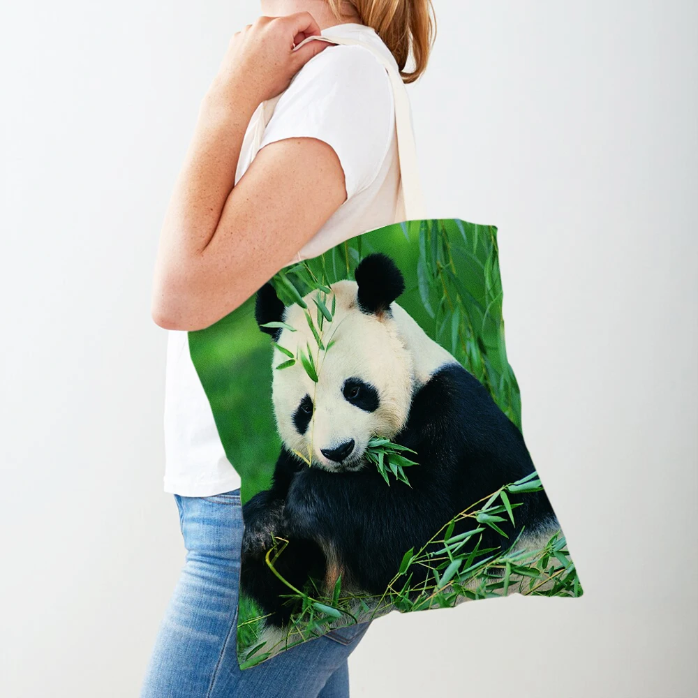 Both Sided Chinese Panda Women Shopping Bags Reusable Lady Travel Tote CuteWild Animal Girl Canvas Shopper Bag Shoulder Handbag