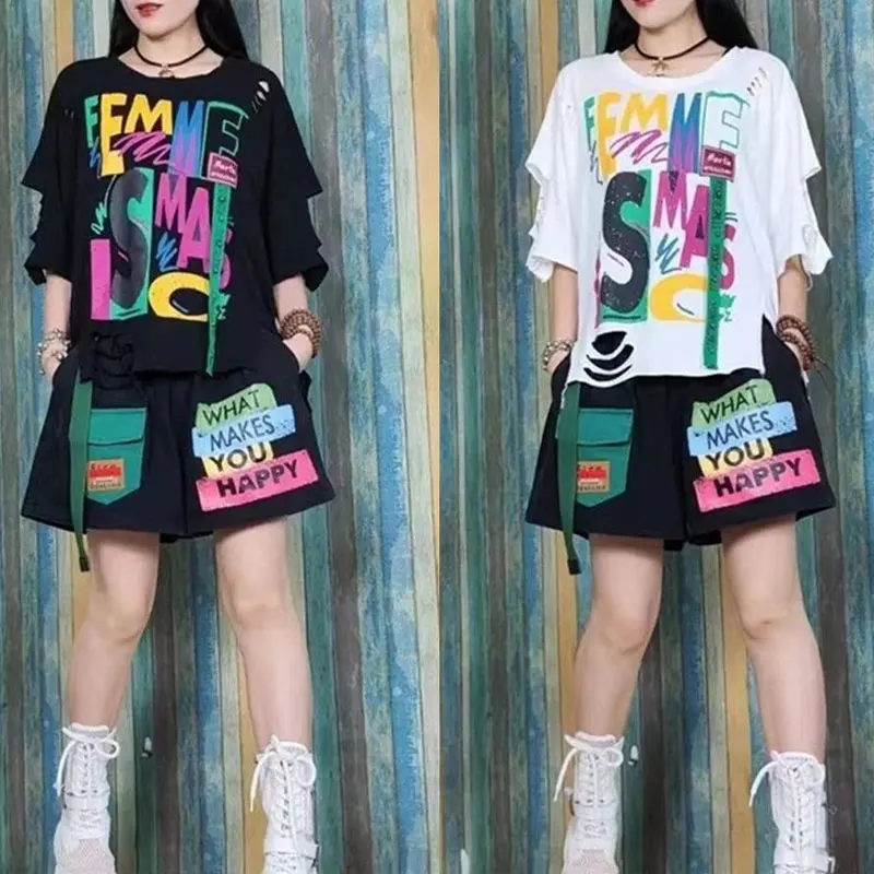 Sports Streetwear Loose Matching Sets Casual Letter Printed Female Clothing Stylish Hole Summer Short Sleeve Basic Short Sets