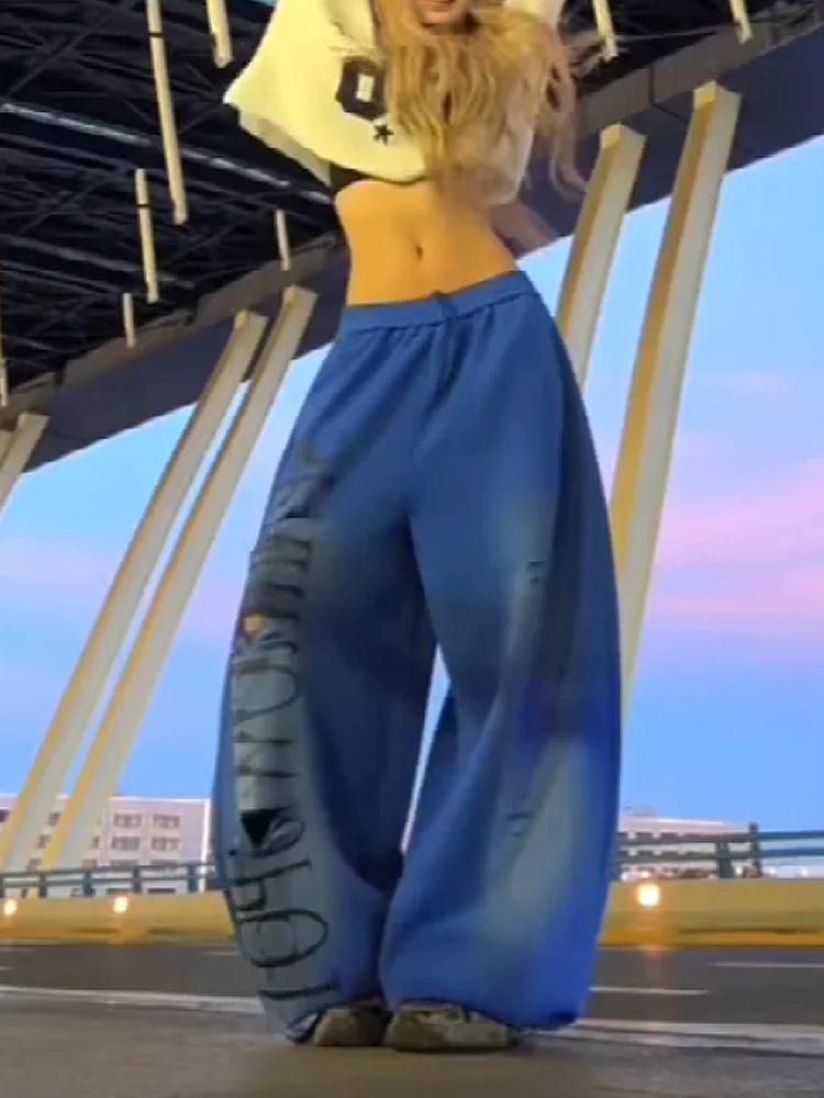 Cool Casual Sport Pants for Women American Sle Distred Wide Leg Sweatpants High Waist Elastic Loose Fit Printed Trousers