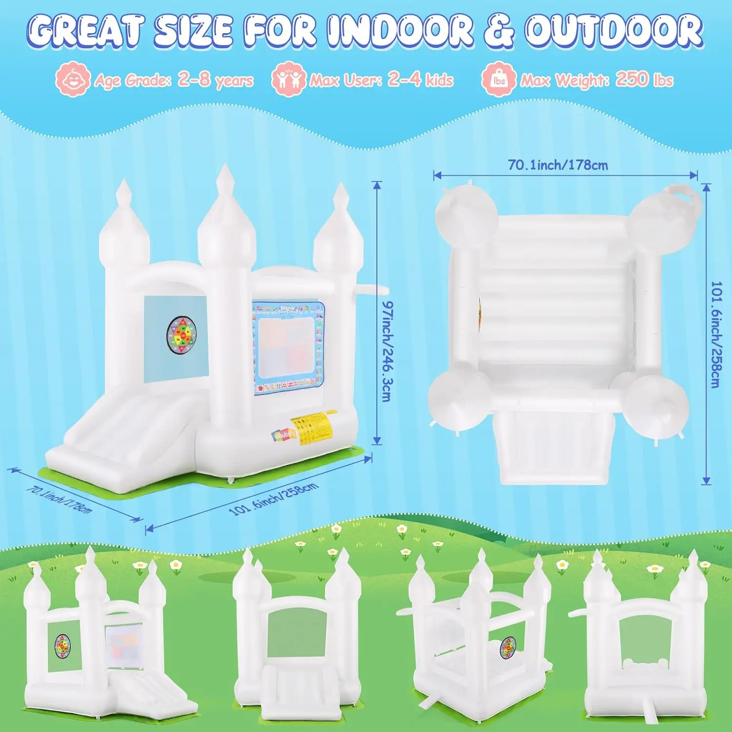 White Bounce House Indoor/Outdoor for Kids 2-8 with Balloons, Magical Water Canvas, Dart Target Balls, Bar Dart Set, Basketball,